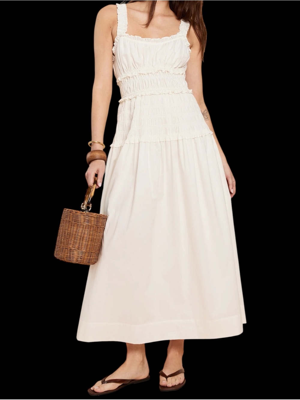 Few Moda o.p.t. Freya Cotton Dress Smocked Square-Neck Maxi Dress White NWT
